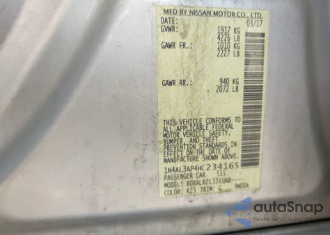 2017 Nissan Altima 2.5 Sl from USA, damaged, VIN 1N4AL3AP4HC234165